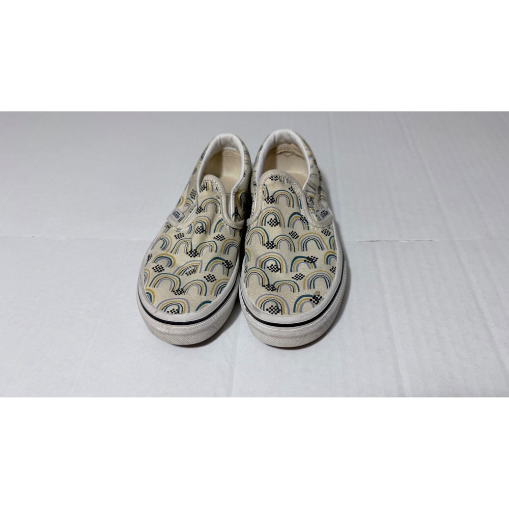 Vans Kids Classic Slip-On Boho Rainbow Checkerboard Canvas Sneakers Cream Blue